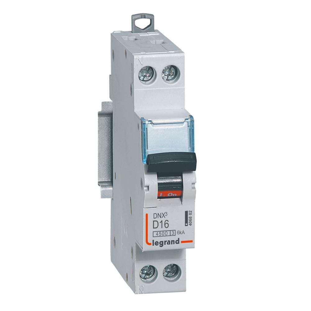 Disjoncteur Phase+Neutre DNX³4500 6kA arrivée et sortie borne à vis - 1P+N 230V~ 16A courbe D - 1 module