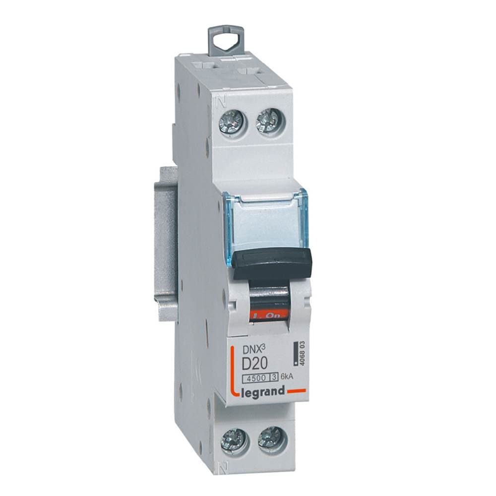 Disjoncteur Phase+Neutre DNX³4500 6kA arrivée et sortie borne à vis - 1P+N 230V~ 20A courbe D - 1 module