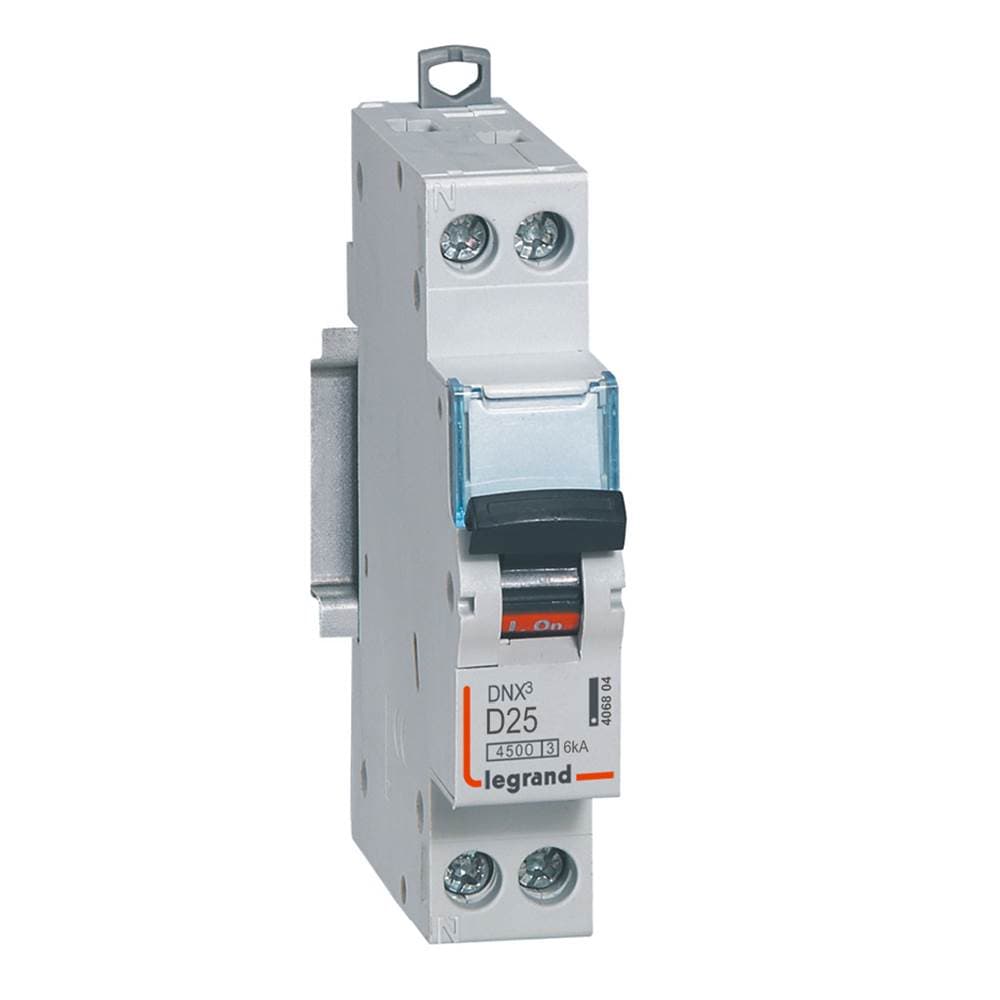Disjoncteur Phase+Neutre DNX³4500 6kA arrivée et sortie borne à vis - 1P+N 230V~ 25A courbe D - 1 module