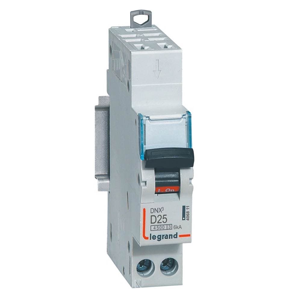 Disjoncteur Phase+Neutre DNX³4500 6kA arrivée auto et sortie à vis - 1P+N 230V~ 25A courbe D - 1 module